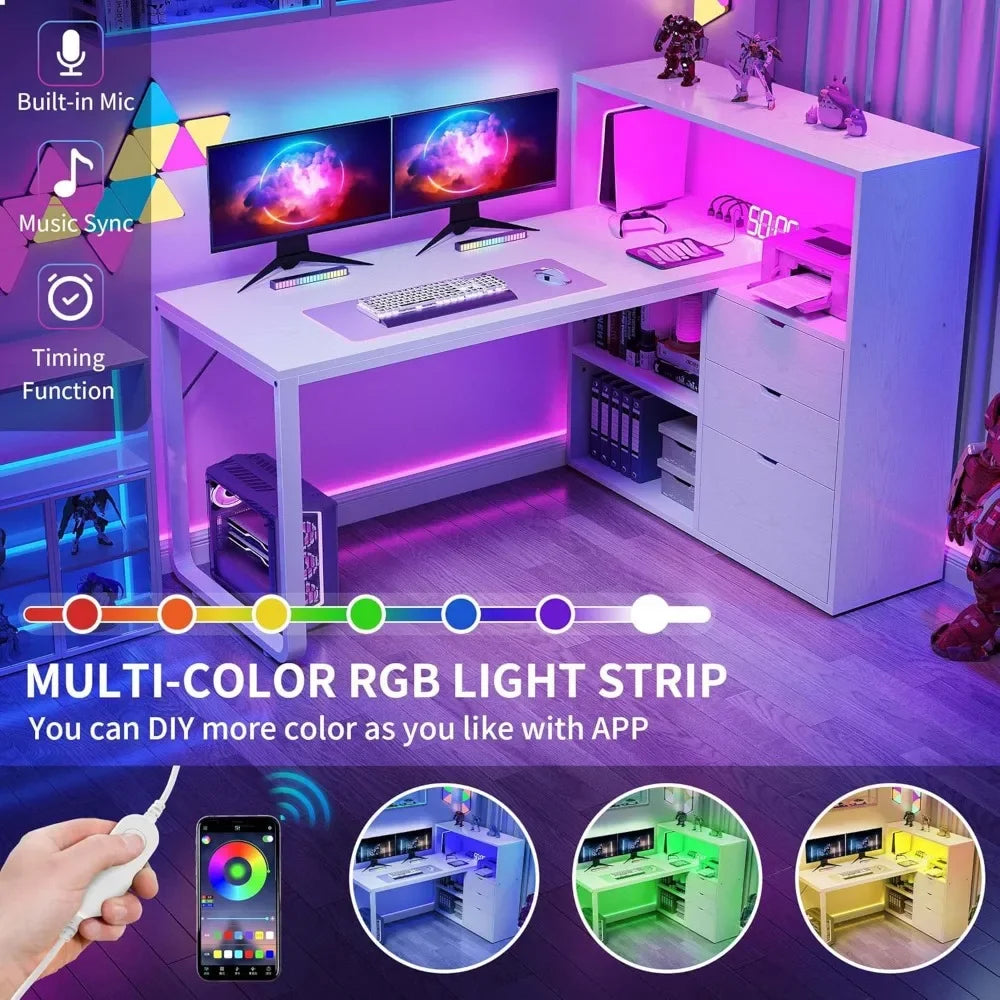 L-Shaped Corner Desk with Drawers and Bookshelf