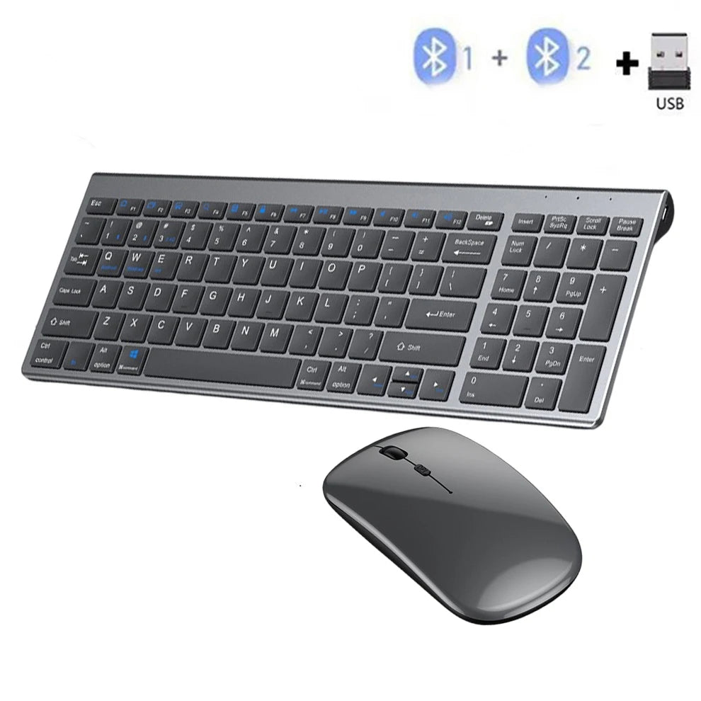 Gray Bluetooth 5.0 & 2.4G Wireless Keyboard & Mouse Combo – Rechargeable, Full-Size