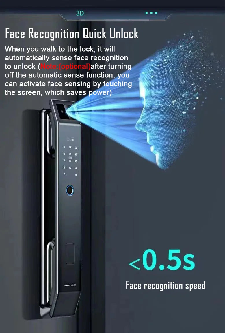 3D Face Recognition Smart Door Lock – Camera, Fingerprint & Keyless Entry