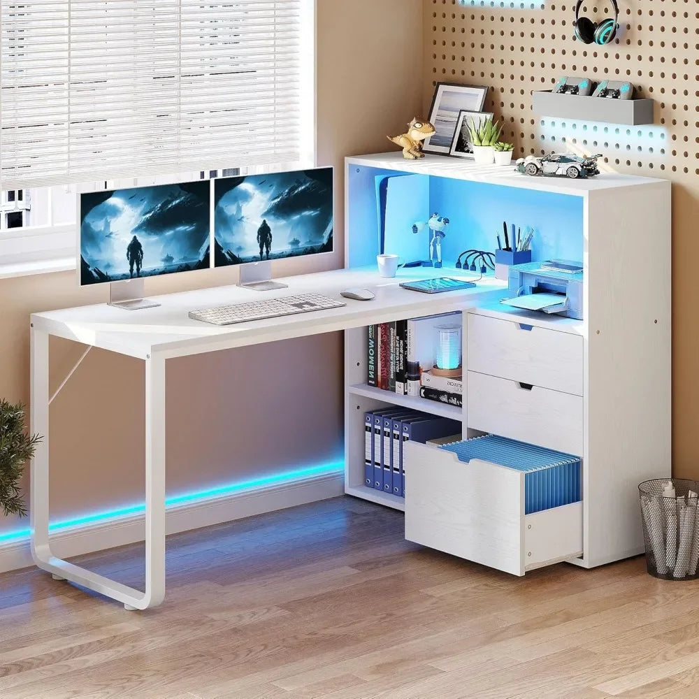 L-Shaped Corner Desk with Drawers and Bookshelf