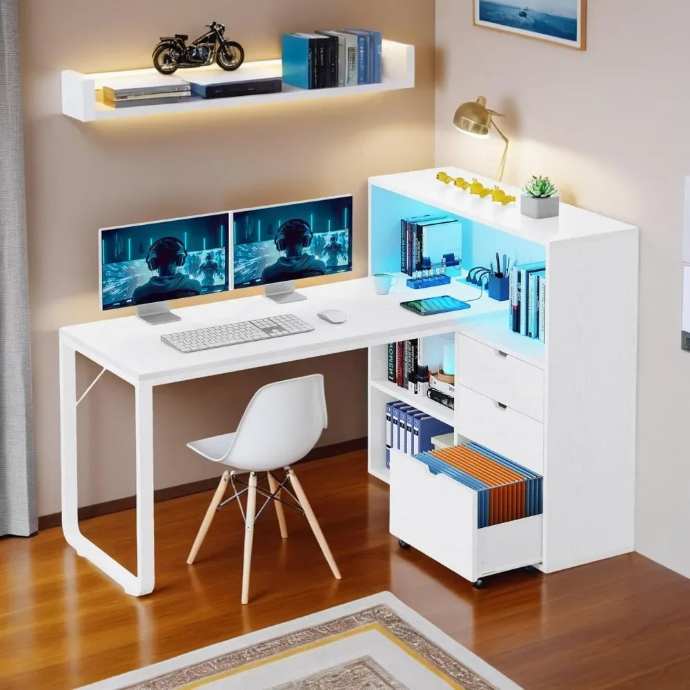 L-Shaped Corner Desk with Drawers and Bookshelf